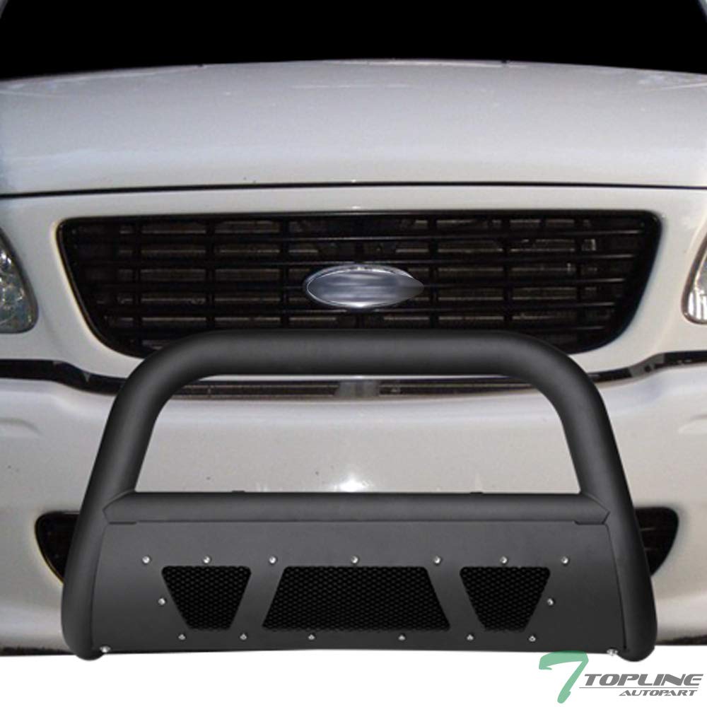 Matte Black Studded Mesh Bull Bar Brush Push Front Bumper Grill Grille Guard with Skid Plate Compatible with 97-03 Ford F150 F250 Light Duty / 2004 Heritage / 97-02 Expedition