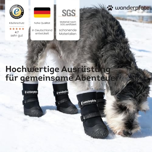 Wanderpfote Hundeschuhe im 4er-Pack – Wasserdichter Pfotenschutz für draußen mit Anti-Rutsch-Sohle, kuscheligem Fleece & reflektierenden Details (Schwarz, 5)