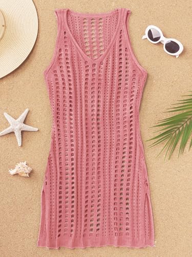 Image of Bellelily Swimsuit Coverup for Women Bathing Suit Cover ups Crochet Beach Tank Dress Hollow Out Slit Bikini Cover Up Dresses