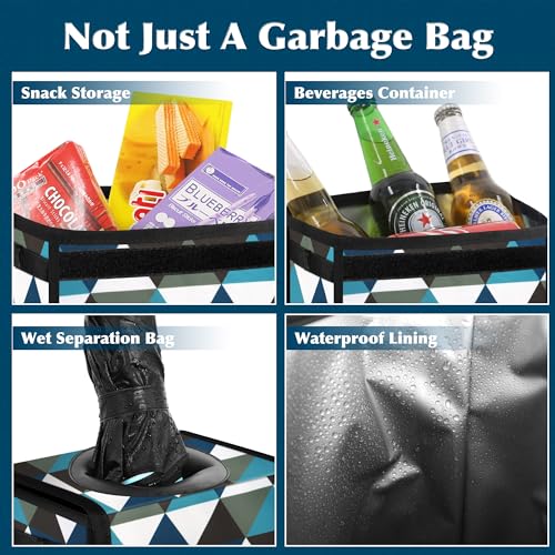 Image of Femuar Car Trash Can with Lid - Leak Proof, Waterproof, Multipurpose Car Hanging for Headrest, Collapsible and Portable with Storage Mesh Pocket, Triangle