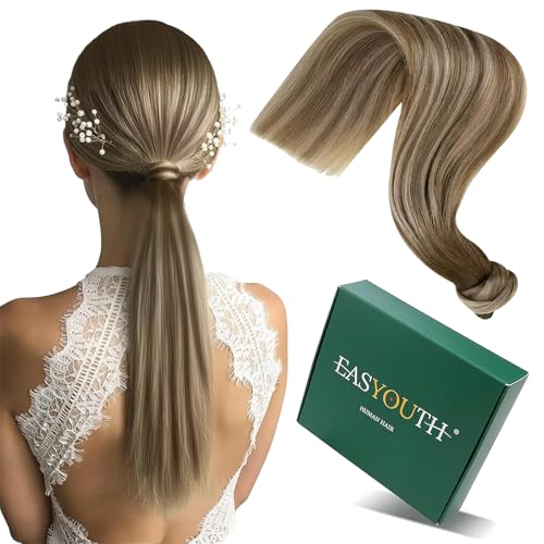Image of Easyouth Ponytail Extension Human Hair Balayage Pony Tails Hair Extensions Walnut Brown Ombre Light Brown Mixed Medium Blonde Ponytail Hair Extensions Human Hair Ponytail Natural 12Inch 70g