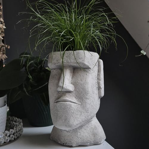 FABRIQ Moai - Figurine décorative - Pot de fleurs en pierre - Hauteur : 26 cm - 6 kg - Peint à la main - En pierre coulée - Pour l'extérieur
