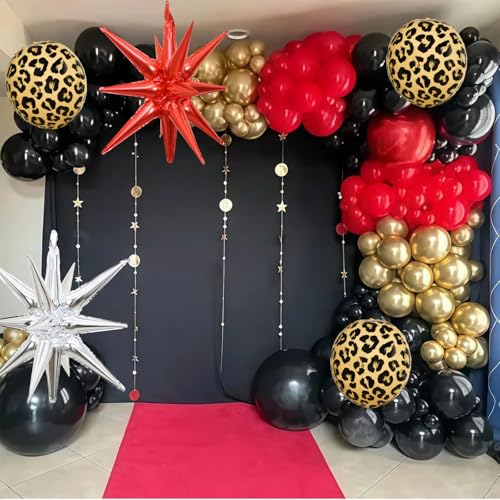 Red Black Gold Balloon Arch Garland Kit Leopard Cheetah Print Party Balloons Black Red Metallic Silver Gold Explosion Star Balloon for Girl Night Bachelorette New Year Casino Birthday Party Decoration - Image 4
