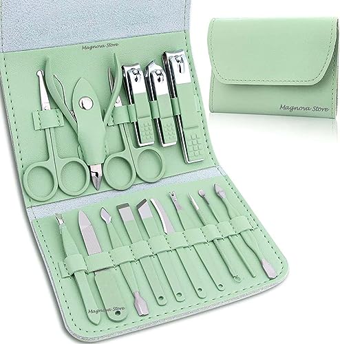 16in1 Manicure Pedicure Kit For Women & Men with Nail Cutter,Scissors,Tweezers,Knife,Ear Pick Eyebrow, Toe Nail Scissors Utility Tools with Leather Travel Case,Professional Grooming Kit Nail Care Tool