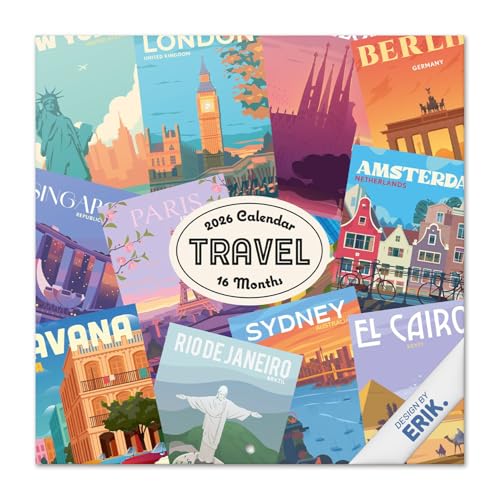 Grupo Erik - Calendrier 2026 Mural Voyages - Calendrier Mural 2026 Mensuel │ Idee Cadeau : Calendriers Muraux │ De Janvier à Décembre : Espace pour notes et Illustrations décoratives (30x60 cm)