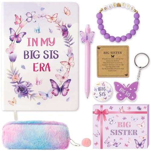 CY2SIDE Big Sister Gifts for Girls, 7PCS In My Big Sis Era Announcement Set Include Butterfly Notebook Pen Plush Pouch Keychain and Greeting Card, Charm Birthday Gifts for New Sibling Arrival Age 2-8 - image 1