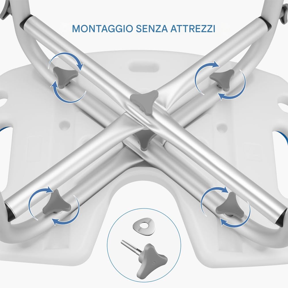 BAKAJI Sgabello da Doccia per Anziani, Disabili e Persone con Mobilità Ridotta, Sedile Ergonomico e Struttura in Alluminio Peso Max. 130kg, Sedia da Basca con Fori di Drenaggio e Altezza Regolabile