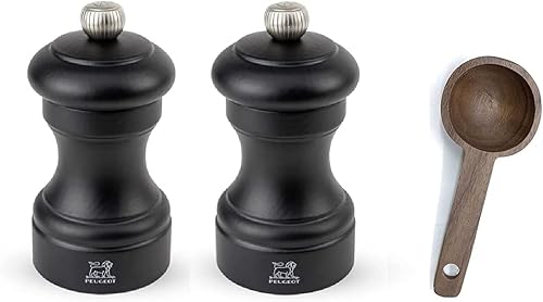 Peugeot Bistro - Juego de regalo de molinillo de sal y pimienta de 4 pulgadas, negro mate, con cuchara de madera para especias