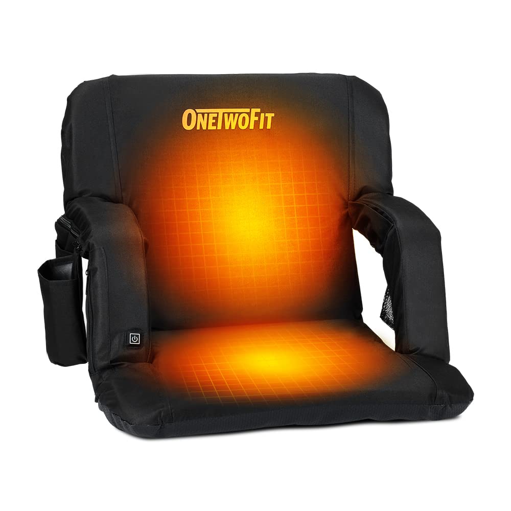 ONETWOFIT Heated Stadium Seats for Bleachers, Bleacher Seats with Back Support Cushion, 3 Levels of Heat 6 Reclining Positions Backpack Straps, 4 Pockets Cup Holder Foldable Rechargeable heated chairs