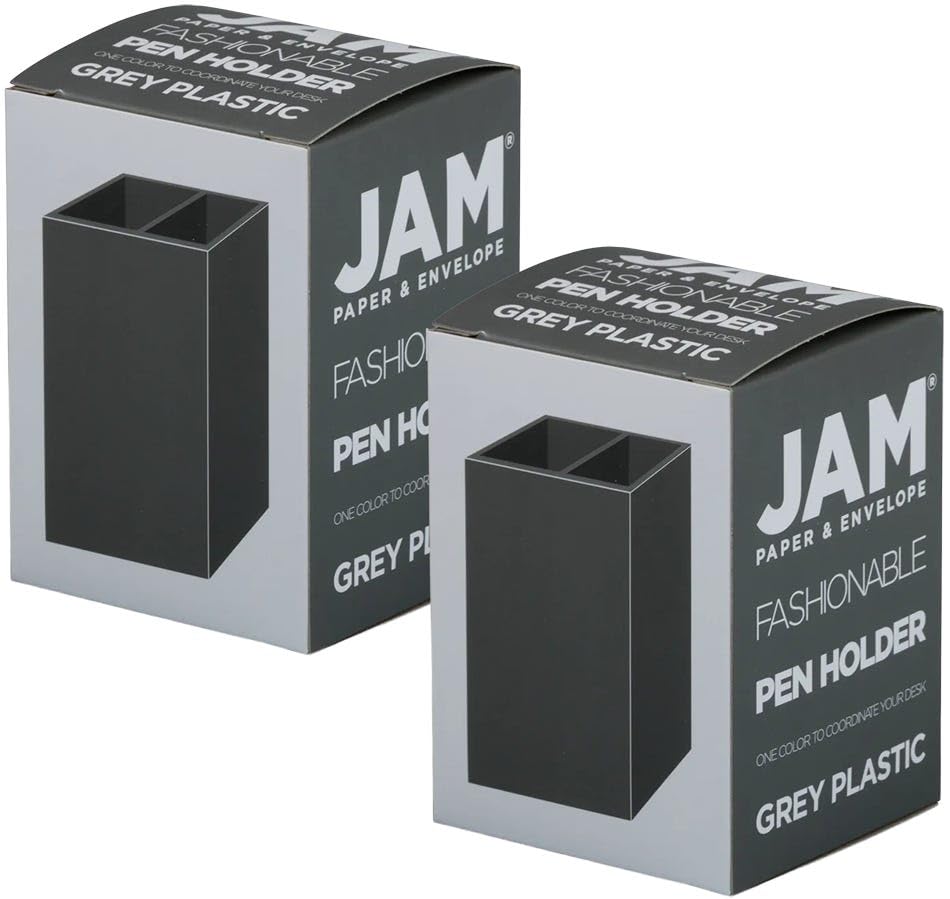 Image of JAM PAPER Plastic Pen Holders - Grey Desktop Pencil Cups - 2 /Pack