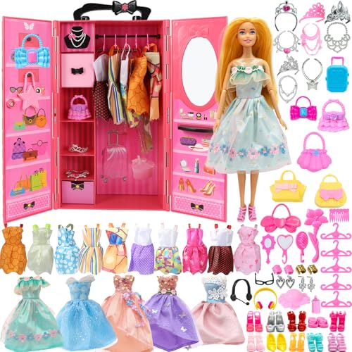 Yutoy Dolls Wardrobe Set for Clothes 11.5 Inches Girl Doll, 63 Accessories, Fashionistas Dolls, Including Doll Closet, Dress