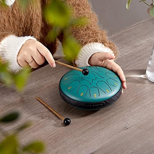 ZXZYHFTY Steel Tongue Drum, 6 Inch 11 Note Steel Hand Drum with Bag, Music Book, Drumsticks, Mallet Holder and Finger Paddles, for Camping, Meditation or Yoga .(Green)