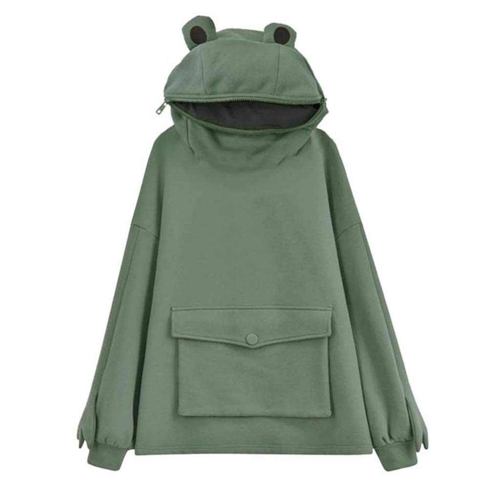 QuantuWomens Cute Frog Hoodies, Unisex Frog Hoodie Zipper Mouth Cosplay Costume Pullover Sweatshirt with Pocket