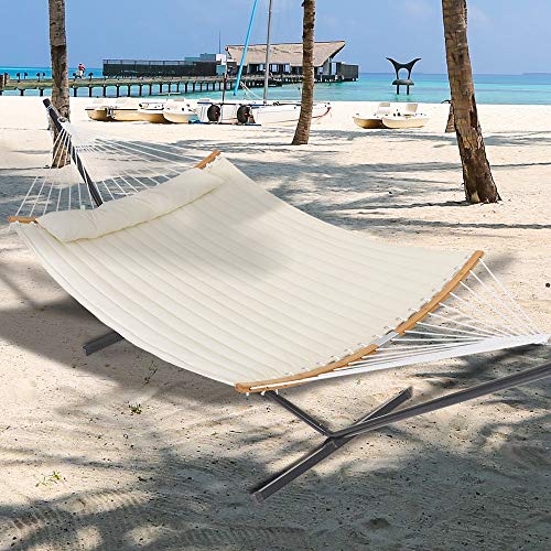 Patio Watcher 11 Feet Quilted Fabric Hammock with Curved-Bar Bamboo and Detachable Pillow, Double Hammock Perfect forOutside Outdoor Patio Yard Beach, White - Thumbnail 7