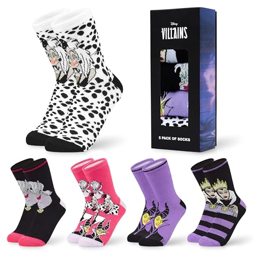 Disney Socken Damen Teenager Größe 3541 5er Pack Lustige Socken mit Motiv Baumwollsocken für Zuhause Freizeit Geschenke für Frauen (35-41 EU Lila/Rosa Villains)