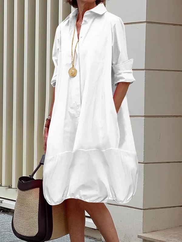 Image of UOOZEE Women's Long Sleeve Button Up Shirt Dresses Casual Loose Fit Spring Midi Dress with Pockets