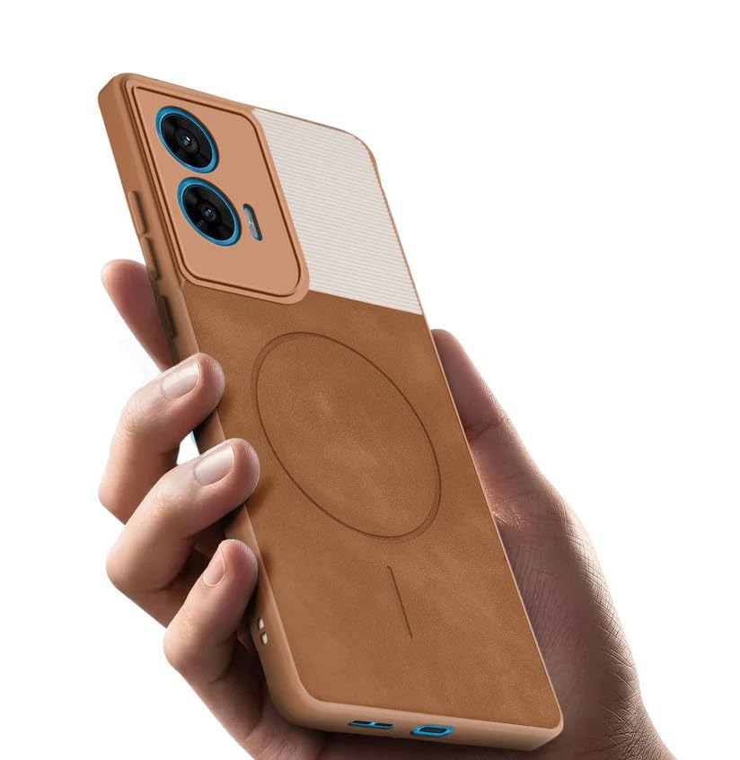 Image of Bintage CASE Mac Safe Design Hard Light Weight Back Case | Soft Border Camera Protect | Dual PU Leather Finish Back Cover Compatible for Motorola Moto G85 5G - White & Brown