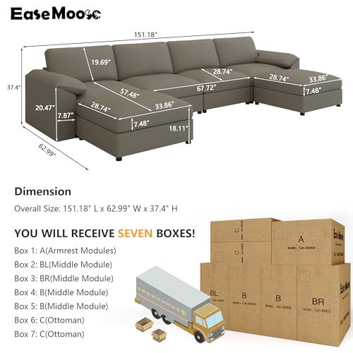 Image of EASE MOOSE Oversized U Shaped Couch,Modular Sectional Convertible Sofa with Wide Deep,Extra Large Faux Leather Scratch Resistant Modern Couch for Big Spaces,Light Grey