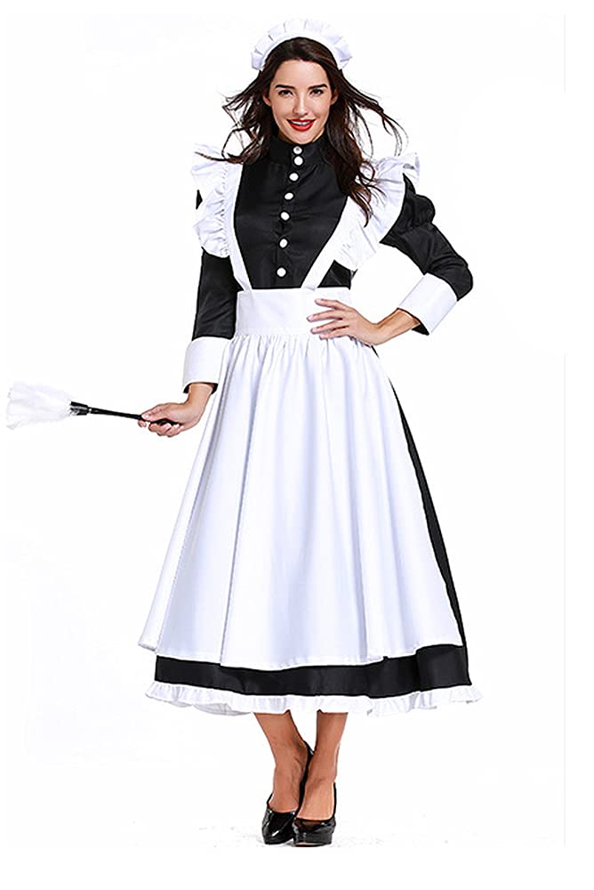 Womens Victorian Maid Costume Cosplay French Apron Maid Dress Outfit for Halloween Colonial Women Dress with Apron Plus Size