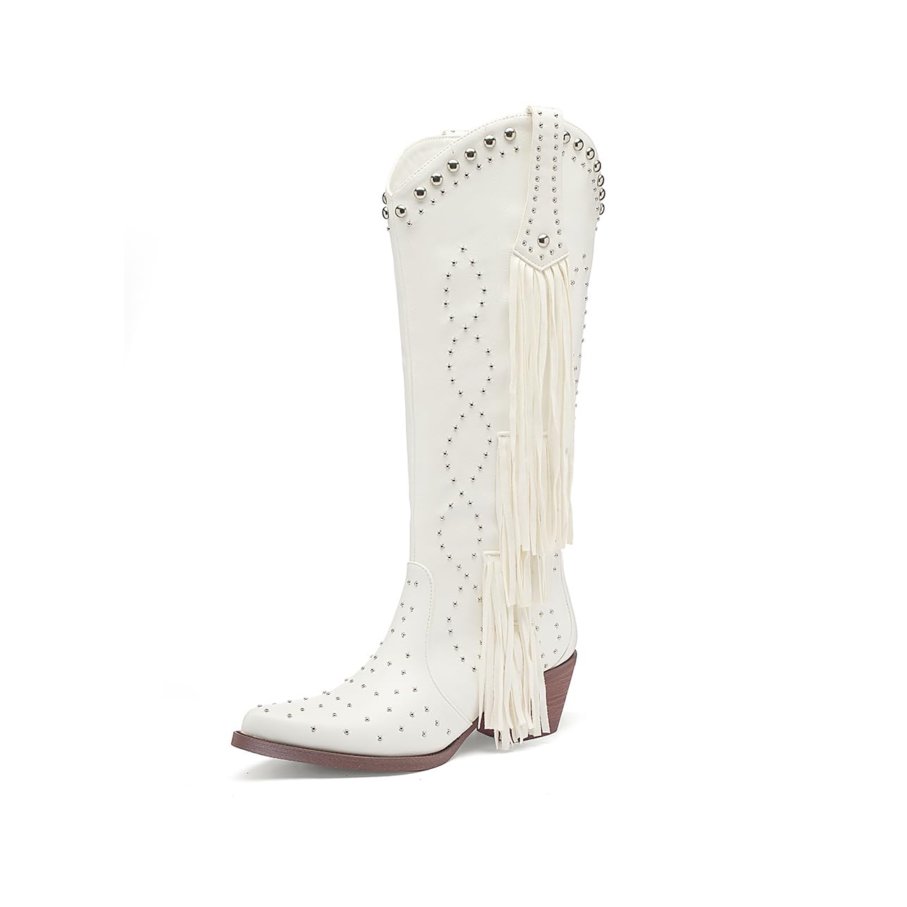 Tsrenlmln Western Boots for women Fashion Pointed Toe Chunky Heel Rivet Pull-On Knee High Fringe