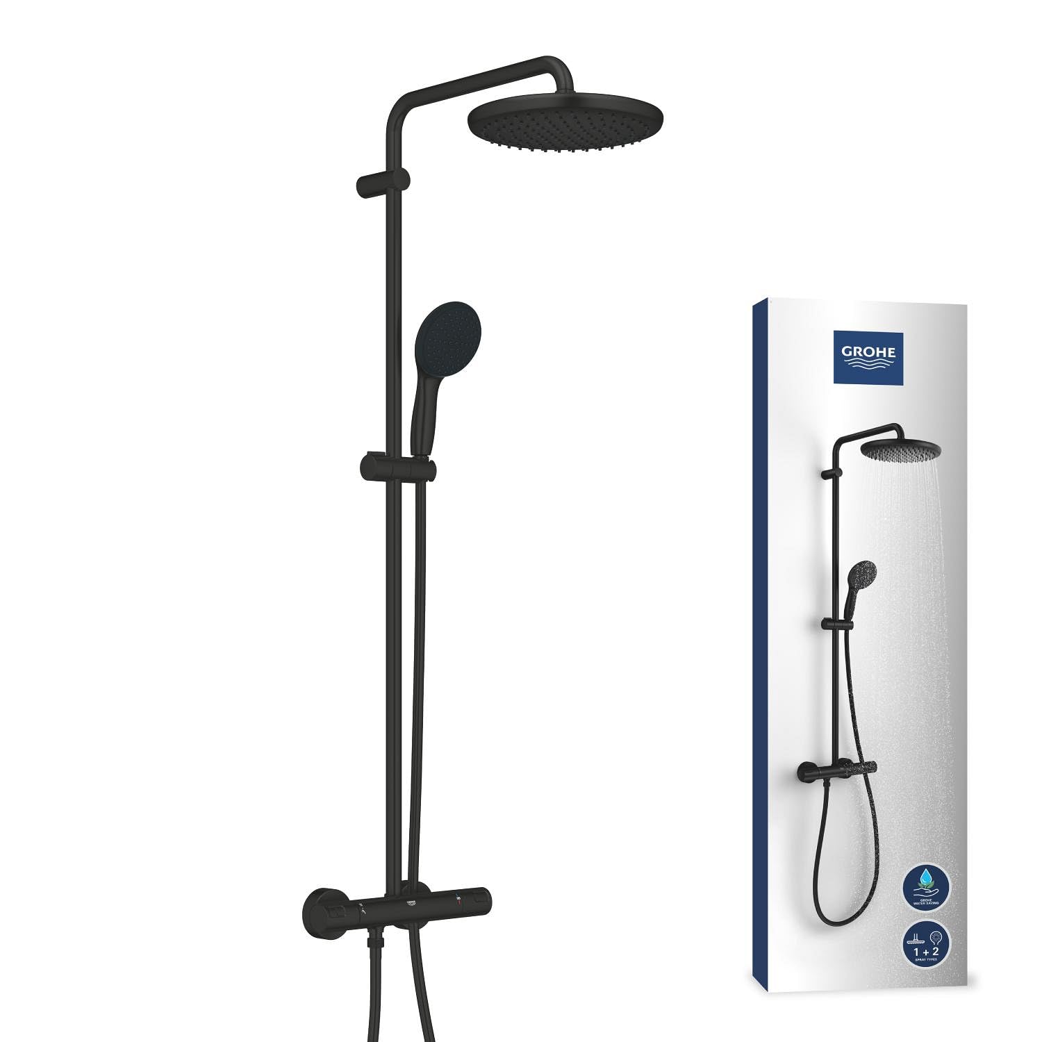 GROHE Vitalio Start System 250, Colonne de Douche avec Mitigeur Thermostatique, Douche de Tête Ronde 25cm 1 jet, Douchette Ronde 11cm 2 jets, Flexible 1.75m, Economie d'Eau, Noir Mat, 266772431
