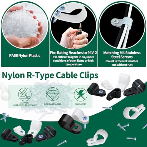 Clips de cable tipo R abrazadera organizadora de cables de nailon negro con clavos 4