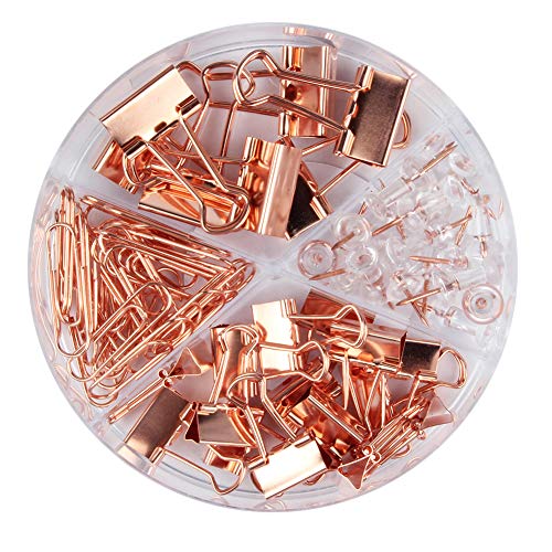 Rose Gold Binder Clips and Paper Clips Push Pins Map Tacks Set with Container, 4 in 1 Boxed, Non-Skid Marking Pins and Clips Kits for Office School Stationery, Total 72 Pcs Desk Accessory