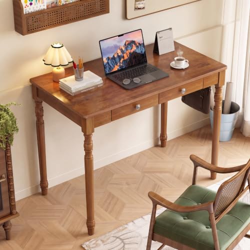 Image of 100% Solid Wooden Desk with Drawers - 39.4 inch Mid Century Modern Desk with 2 Hooks, Vintage Writing Desk with Drawers, Simple Work Study Table for Bedroom & Home Office - Walnut Color