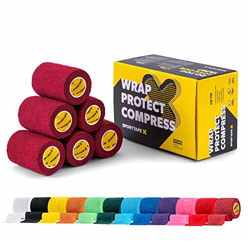 6 Rolls SPORTTAPE Self-Adhesive Football Sock Tape | 7.5cm x 4.5m - Maroon/Claret | Cohesive Bandage - Pet Bandage, Vet Wrap for Dogs & Horses | Compression Bandage, Shin Pad Tape, Football Ankle Tape