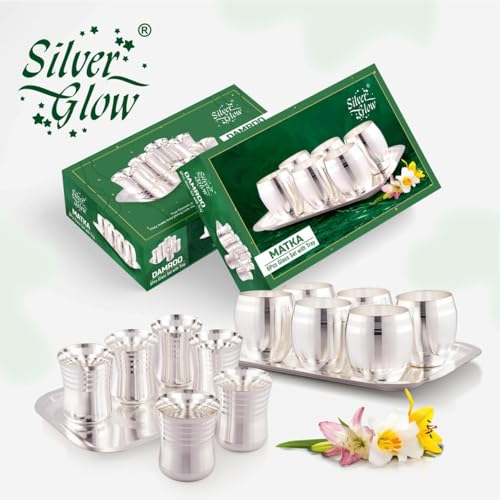 Image of Silverglow Damroo Tray Glass Set | Silver Plated Glass Set of 6 with Tray | Juice, Water, Beverages Serving Set | Tableware Set | Perfect Diwali, Office, Wedding Return Gift Item
