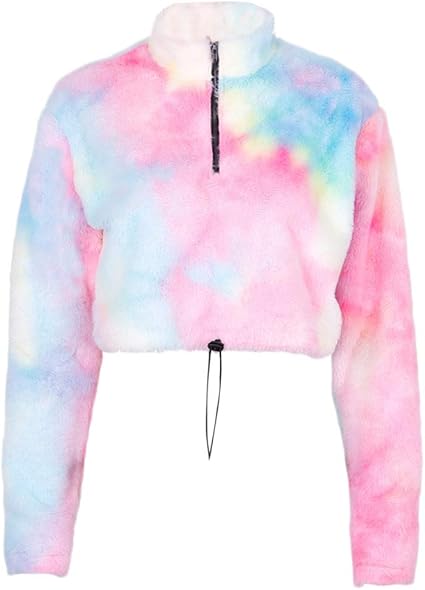 RK-HYTQWR Felpa Corta a Maniche Lunghe da Donna Mezza Zip Pullover  Allentato Tie-Dye Crop Top Fuzzy Peluche con Coulisse sul Fondo Streetwear,  Maglione con Collo a S : Amazon.it: Abbigliamento
