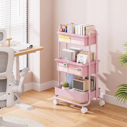 Image of Modanais Baby Diaper Caddy Organizer Cart - 3 Tier Rolling Storage Cart with Wheels, Baby Essentials for Nursery Storage, Detachable Dividers - for Crib, Bedroom, Art & Craft Organizer (Pink)