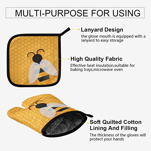 Oven Mitt Pot Holder Set Animal Bee Honeycomb Beehive Geometric Pattern Heat Resistant Quilted Oven Glove Kitchen Hot Pad For Cooking Grilling Christmas Machine Washable #TOP3