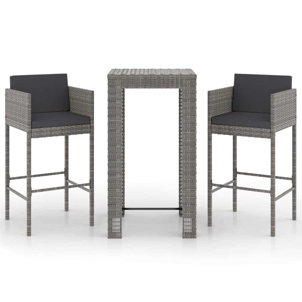 vidaXL Set Muebles Bar Jardín 3 Piezas y Cojines Mesa Silla Asiento Patio Terraza Balcón Barra Bistró Muebles Mobiliario Ratán Sintético Gris