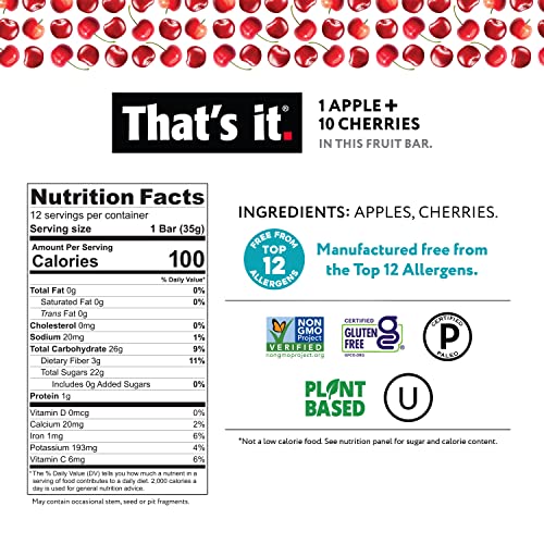 That's it. Apple + Cherry 100% Natural Real Fruit Bar, Best High Fiber Vegan, Gluten Free Healthy Snack, Paleo for Children & Adults, Non GMO No Sugar Added, No Preservatives Energy Food (12 Pack) - Thumbnail 2