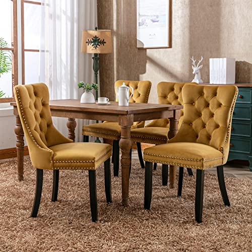 Image of Virabit Velvet Dining Chairs Set of 4, Tufted Upholstered Dining Chairs with Nailhead Back and Ring Pull Trim, Solid Wood Dining Chairs for Kitchen /Bedroom /Dining Room (Gold)