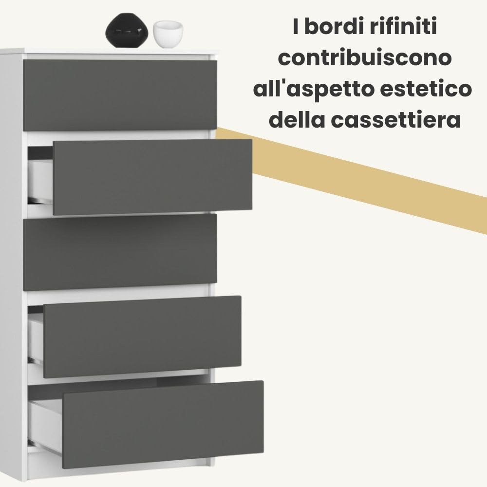 AKORD Cassettiera K60 con 5 Cassetti | Credenza Alta | Moderna Mobiletto per Soggiorno Sala da Pranzo Camera da Letto Corridoio Bagno | Armadio Cameretta | 60x121x40 cm, 39kg | Bianco/Grigio grafite