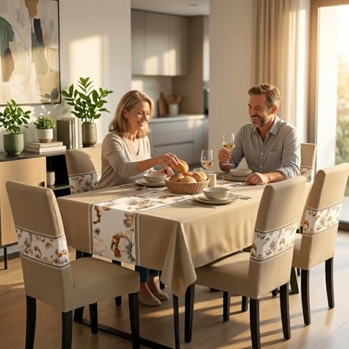 Image of Styleys Dining Chair Cover with Table Covers for Kitchen Waterproof Dining Table Cloth (1 Table Cover + 4 Chair Cover, Light Brown Flower, K723)