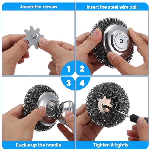 Image of 4 Pcs Steel Wool Scrubber with Handle Heavy Duty Metal Pot Scrubber Brush 16 Pcs Stainless Wool for Cleaning Dishes Pans Steel Scouring Pad for Kitchen Cast Iron Sink Griddles Grills