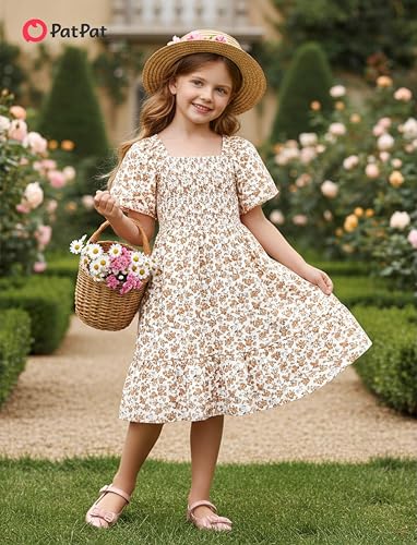 Image of PATPAT Family Matching Outfits Mommy and Me Dresses Floral Dress & T-Shirts | Mommy and Me Easter Dresses, Puff Sleeve Floral Sundress, Cotton Blend T-shirts, Couples Party Wedding Vacation Outfits