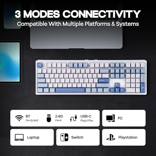 Image of MechLands EPOMAKER TH108 Full Size Mechanical Keyboard, Wireless Gaming Keyboard, 8000mAh Battery, Creamy Gasket, 108 Keys, Hot Swap, Custom Driver, RGB Backlights (Blue&White, Sea Salt Silent Switch)