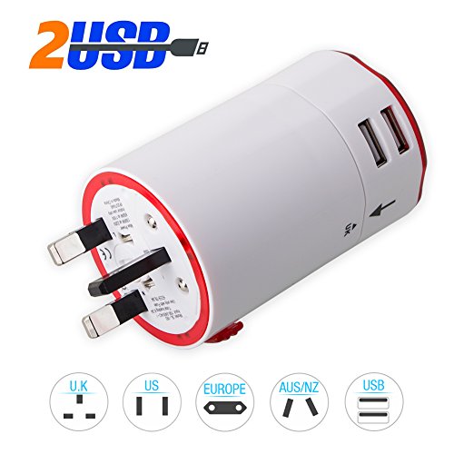 Adaptador de Enchufe, Adaptador de Viaje Cargador Portátil de Rotación con Dos Puertos USB para 150 Países y Seguridad de Fusibles para Tableta PC,Smartphones Cámaras Digitales- Milool (Blanco)
