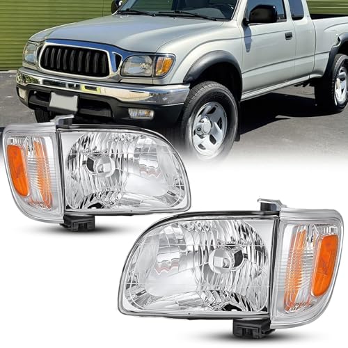 Headlights&Corner Lights Assembly For 2001 2002 2003 2004 Toyota Tacoma Pickup Truck Replacement Front Headlamp Bumper Lights Chrome Housing Clear lens TO2503136 TO2502136(Driver and passenger)