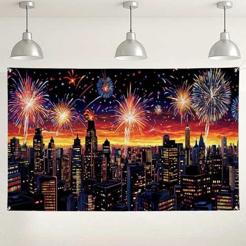 Sfondo decorativo con skyline cittadino e fuochi dartificio vivace cielo notturno città sfondo fotografico per feste Capodanno ed eventi festivi 180 x 109 cm