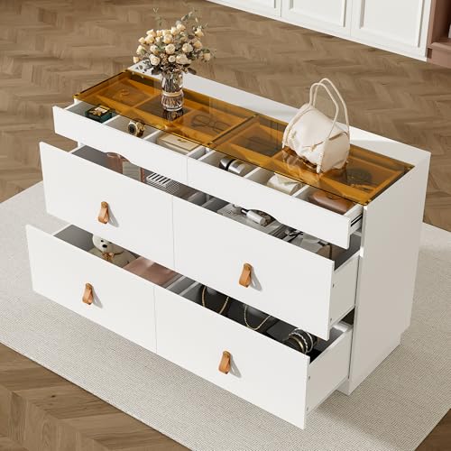 REXO Aparador de cristal templado de seguridad, 120 x 40 x 78 cm, cómoda con 6 cajones, tocador de maquillaje, compartimentos, a prueba de inclinación, armario alto para dormitorios y todos los