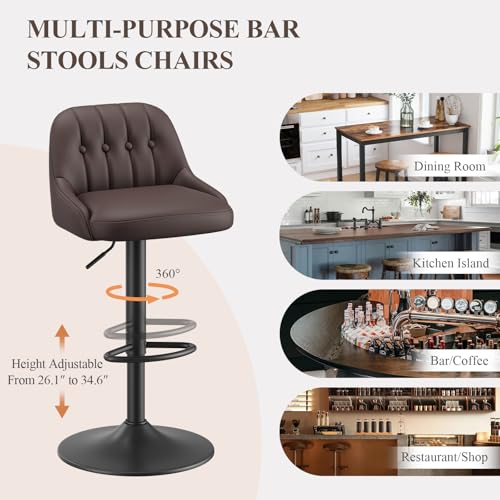 Image of MALOL Bar Stools Set of 2, Swivel Bar Chairs, Modern Adjustable PU Leather Upholstered Barstools Counter Height with Tufted Back for Bar, Kitchen Counter Island, Dining Room, Brown