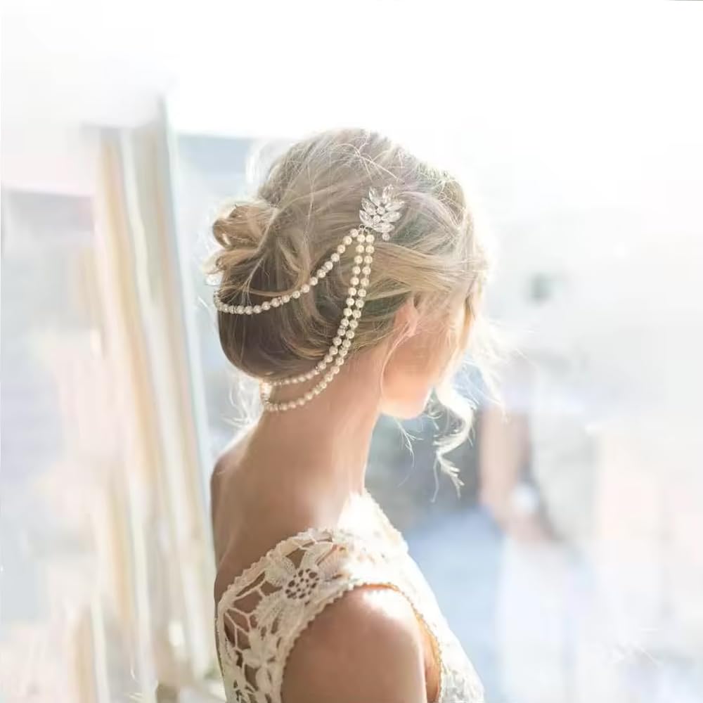 Vintage Crystal Layered Pearl Hair Comb Chain Bridal Headpiece Tassel Wedding Hair Accessories for Women Headband (Silver)
