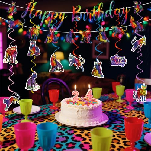 Image of Cheetah Print Birthday Decorations Include Neon Cheetah Happy Birthday Banners Hanging Swirls Jungle Rainbow Leopard Themed Birthday Party Supplies