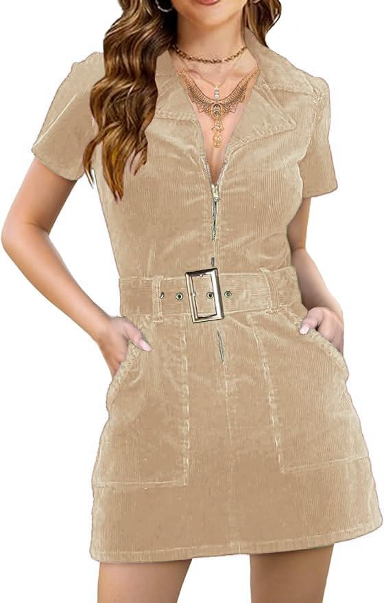 Women's Corduroy Mini Dress with Short Sleeve Lapel Zip Belt Cowgirl Dress with Pockets