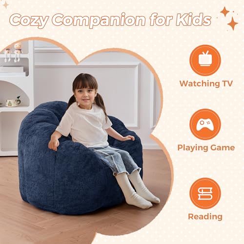 Image of MAXYOYO Kids Bean Bag Chair, Floral Shaped Bean Bag Sofa, Plush Faux Fur Toddler Couch with Petal Backrest for Boys Girls, Stuffed Cozy Sofa for Nursery, Bedroom, Navy